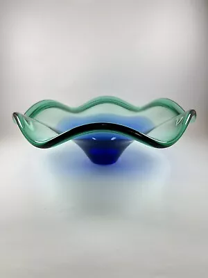 Stunning Handblown Italian ArtGlass Murano Style Freeform Wave Blue Green Bowl • $38.99