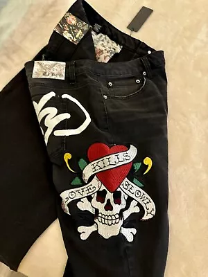 Ed Hardy Women’s NEW Love Kills Slowly Baggy Black Jeans Sz 32 Or 34 Retail $185 • $59.99
