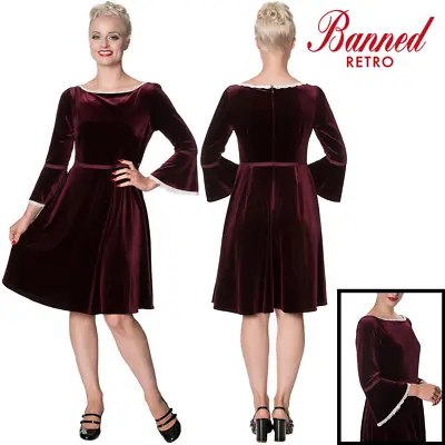 Banned Apparel Dark Montana 60s Flared Velvet Dress In Burgundy With Lace Trims • £10