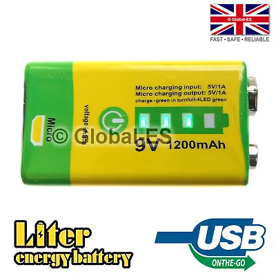 £14.99 • Buy PP3 9V 1200mAh USB Rechargeable Li-Ion Battery OTG Phone Power Bank Charger
