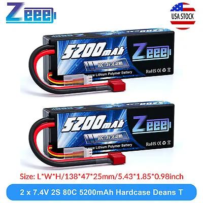 2x Zeee 2S 5200mAh Lipo Battery 7.4V 80C Deans T Hardcase For RC Car Truck Heli • $24.85