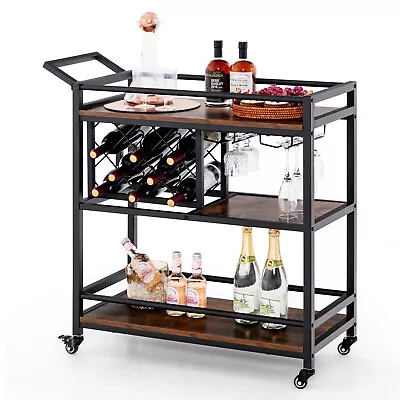 3-Tier Bar Cart Rolling Trolley Kitchen Serving Cart W/ Wine Rack Glass Holder • $108.95