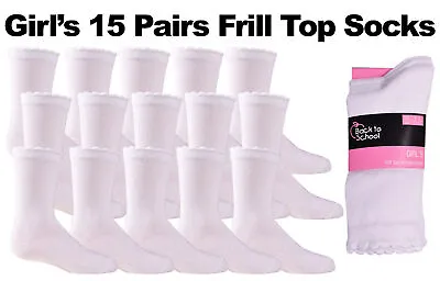 £4.99 • Buy Girls Socks 15 Pairs White Ankle Frill Edge Childrens Kids Cotton School Socks