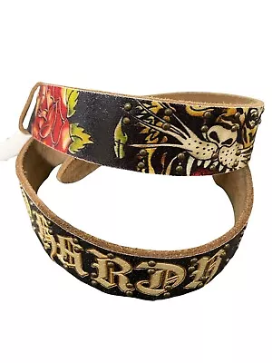 Ed Hardy 90’s Leather Belt Rose Tiger Black Red Studded Y2K  Retro Casual • $44.95