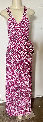 $98 • Buy Diane Von Furstenberg Pink White Print Silk Blend Wrap Maxi Dress Size 8
