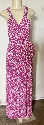 $98 • Buy Diane Von Furstenberg Pink White Print Silk Blend Wrap Maxi Dress Size 8
