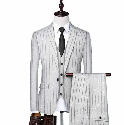 $325.38 • Buy Men's Striped Suit 3pcs Formal Wedding Dress Slim Fit One Button Blazer Jacket L