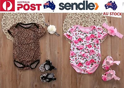 Baby Girls 3 Piece Sets Romper Shoes And Headband Leopard Floral Outfits Clothes • $15