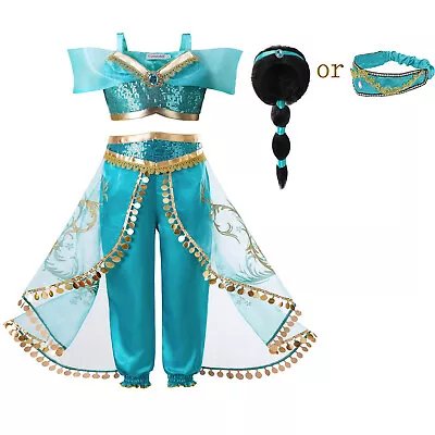 Kids Girl Jasmine Princess Fancy Dress With Wig Aladdin Cosplay Costume Sequin • £16.18