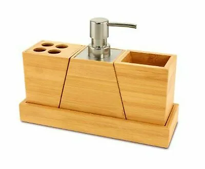 £10.95 • Buy Bamboo Bathroom 4 Piece Set Tumbler Soap Dispenser Brush Holder Bath Accessories