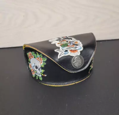 Ed Hardy Leather EyeGlass Case Embroidered Skull Magnetic Closure Tattoo Eyewear • $15.77