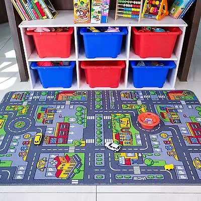 Children's Kids Rugs Town Road Map City Cars Toy Rug Play Village Mat 95 X 133cm • £19.95