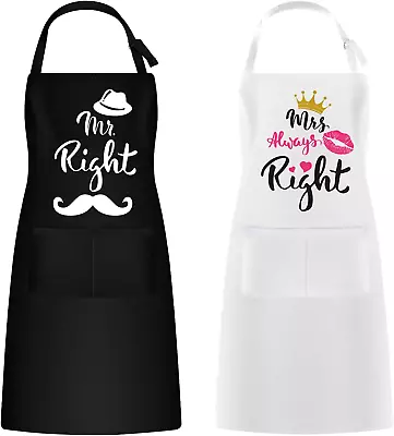 LAMEK 2PCS Mr & Mrs Apron Couples Kitchen Aprons With Adjustable Strap For Men • £13.37