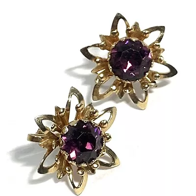 VINTAGE Purple Rhinestone FLOWER EARRINGS Gold Tone SCREW BACK Open Petals Prong • $10.95