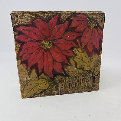 Wooden HDKFS Hankie Handkerchief Box Pyrography Poinsettia Vintage • $19.99