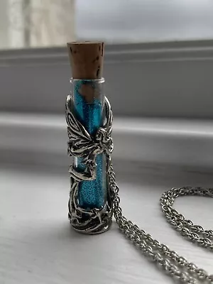 Blue Glitter  Fairy Dust  Bottle Necklace Art Nouveau. Pewter Effect. 24  Chain. • £8.50