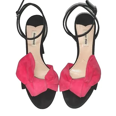 Miu Miu Black Suede Pink Bow-Embellished Jeweled Heel Ankle Strap Size 39 Formal • $95