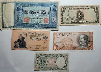 Mixed Lot Of 5 World Paper Money Egypt Argentina Chile Japan Germany • $15