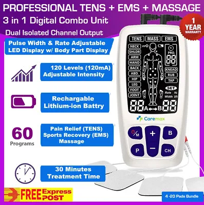 TENS Machine EMS 3 In 1 Combo Unit Pain Relief Massager LED W/Extra Pad Bundles • $85.99