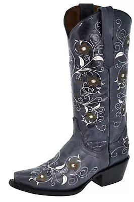 Womens Denim Blue Western Boots Cowboy Dress Floral Embroidery Snip Toe Botas • $98