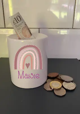 Personalised Children's Ceramic Money Box Piggy Bank Cash Savings Rainbow Gift • £10.99