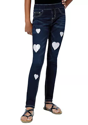 Justice Girls Denim Leggings/Jeggings Medium Wash Sequin Hearts Logo Size 14 • $29.99