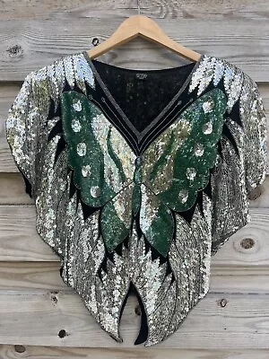 VTG 70’s  Butterfly Disco Top Black & Green Sequins Silk Made In India Beads • $24.99