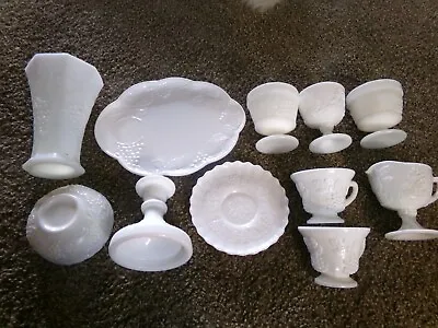 Milk Glass Lot (11 Pieces) Standard Grape Pattern Snacks Flowers Candle Cream • $16