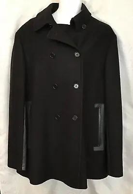 John Varvatos Coat Double Breast Black Wool Leather Pockets And Sleeve Trim S-58 • $695