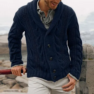 Men Cardigan Sweater Shawl Collar Coat Mens Chunky Knit Casual Long Sleeve • $36.99