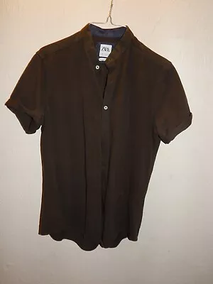 BANDED Collar Collarless Nehru Shirt Sale Men M Zara Rolled Short Sleeve Black • $12.99