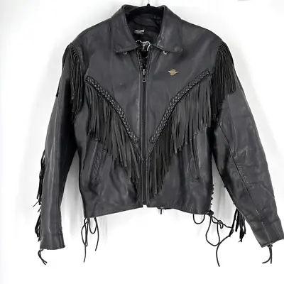 Vintage 80s First Genuine Leather Women's Lined Fringe Moto Jacket Black Medium • $149.79