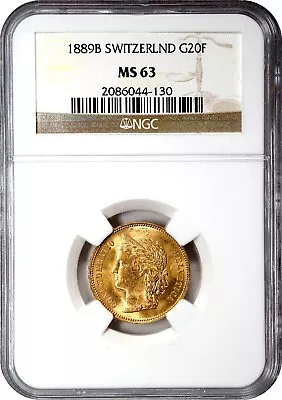 Switzerland  Gold 20 Francs 1889 B - Ngc Ms 63 - Better Date   Rare • $799.99