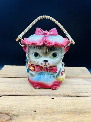 Vintage ROYAL SEALY Miss Kitty Cat Jar Biscuit Cookie Jar W/ Handle Japan 1950'S • $60