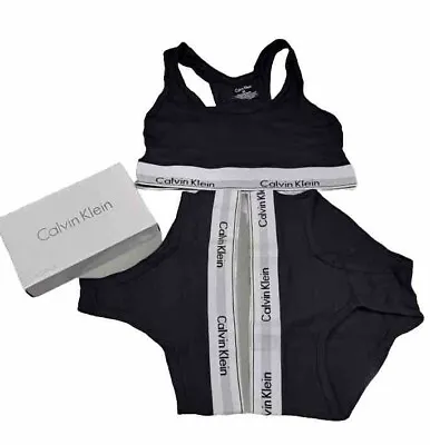 Calvin Klein Women's Modern Cotton-Bralette Bra Brief & Thong Set - Black S/8 • £15.99