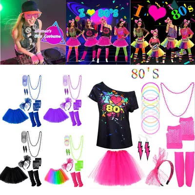 NEON 80s FANCY DRESS TUTU SET GLOVES LEG WARMERS AND BEADS HEN PARTY COSTUME 7PC • $20.30