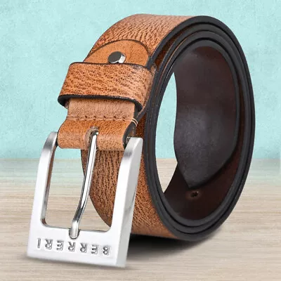 100% Mens Genuine Real Leather Belt Buckle Casual Jeans Black Brown Tan UK • £9.99