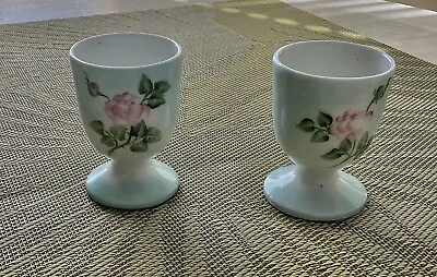 Antique Hand Painted Milk Glass Egg Cups Pale Blue With Pink Roses • $24