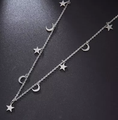 Stainless Steel Moon And Star Charm Necklace 22 In With 2 In Extender • $9.49