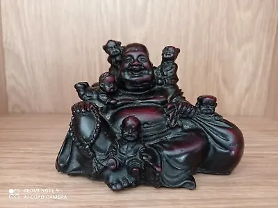 Vintage Chinese Happy Laughing Buddha With Children Dark Brown Colour Ornament  • £34.99