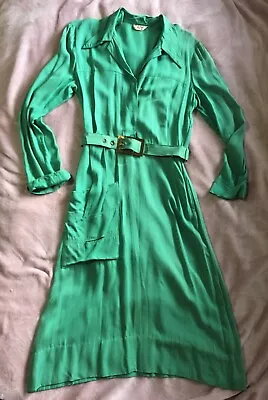 Vintage 1940s Emerald Green Gabardine Hollywood Sportswear Belted Dress S • $160.90