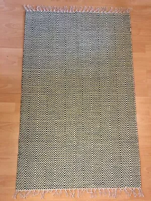 Green Zigzag Pattern Rug Handmade In India  Cotton 80cm X 120cm Fair Trade • £29.95