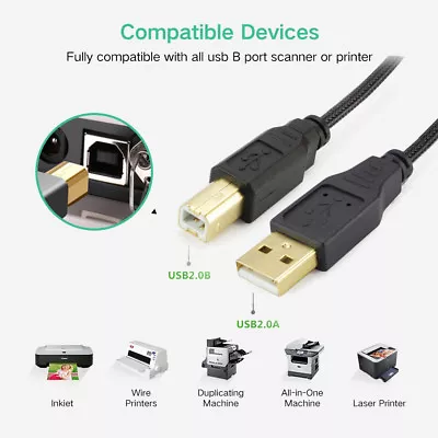 $36.09 • Buy Printer Cable, USB 2.0 Cable - A-Male To B-Male - 2m/3m/5m (Gold Braided Jacket)