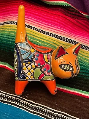 Mexican Folkart Colorful Glazed Clay Pottery Cat Planter Mini Flower Pot 5  • $25