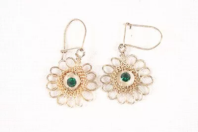 Vintage Twisted Wire Earrings With Green Rhinestones Pierced With 1.5 Inch Drop • $4.99