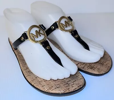 MICHAEL KORS Flip Flops Womens Sz 7 Black Jelly Thong Sandals Cork MK Gold Logo • $22.99