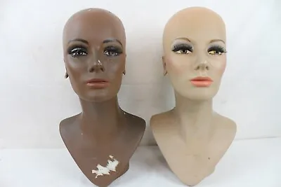 2 Vintage Fiberglass Mannequin Bust Head Wig Painted Eyes Halloween Black Girl • $117.99