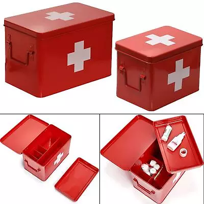 First Aid Box Storage Medicial Box Kit Tin Lid Container Medicine Cabinet 2 Tier • £19.98