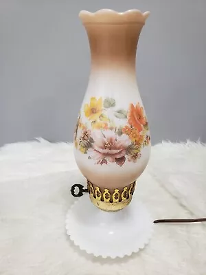 Vintage Milk Glass Table Lamp Floral Hurricane Boho Boudoir French Grandma Core • $48