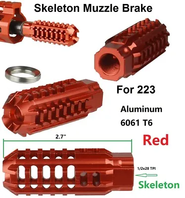 Red Compact Skeleton Low Concussion Muzzle Brake Compensator 1/2x28 TPI For 223 • $24.99